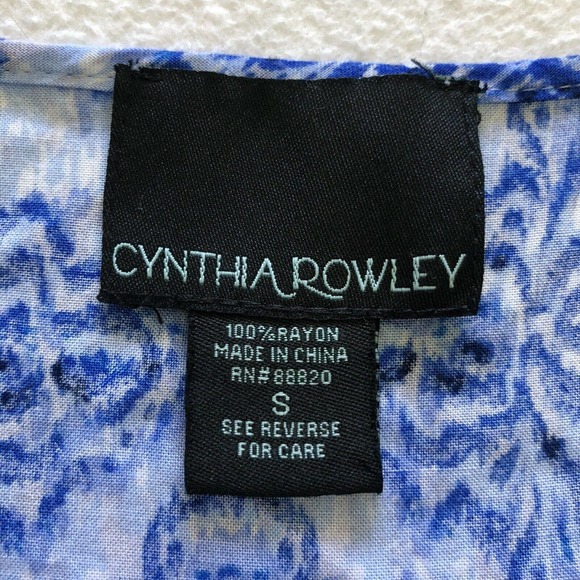 Cynthia Rowley Blue White Print Rayon Tie Long Sleeve Pullover Peasant Shirt S - Picture 5 of 10